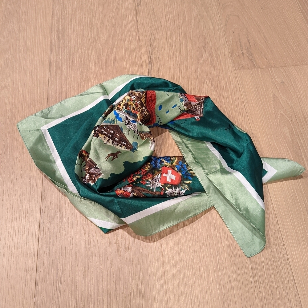 Green Silk Scarf with Swiss Map Design - Picture 2 of 8